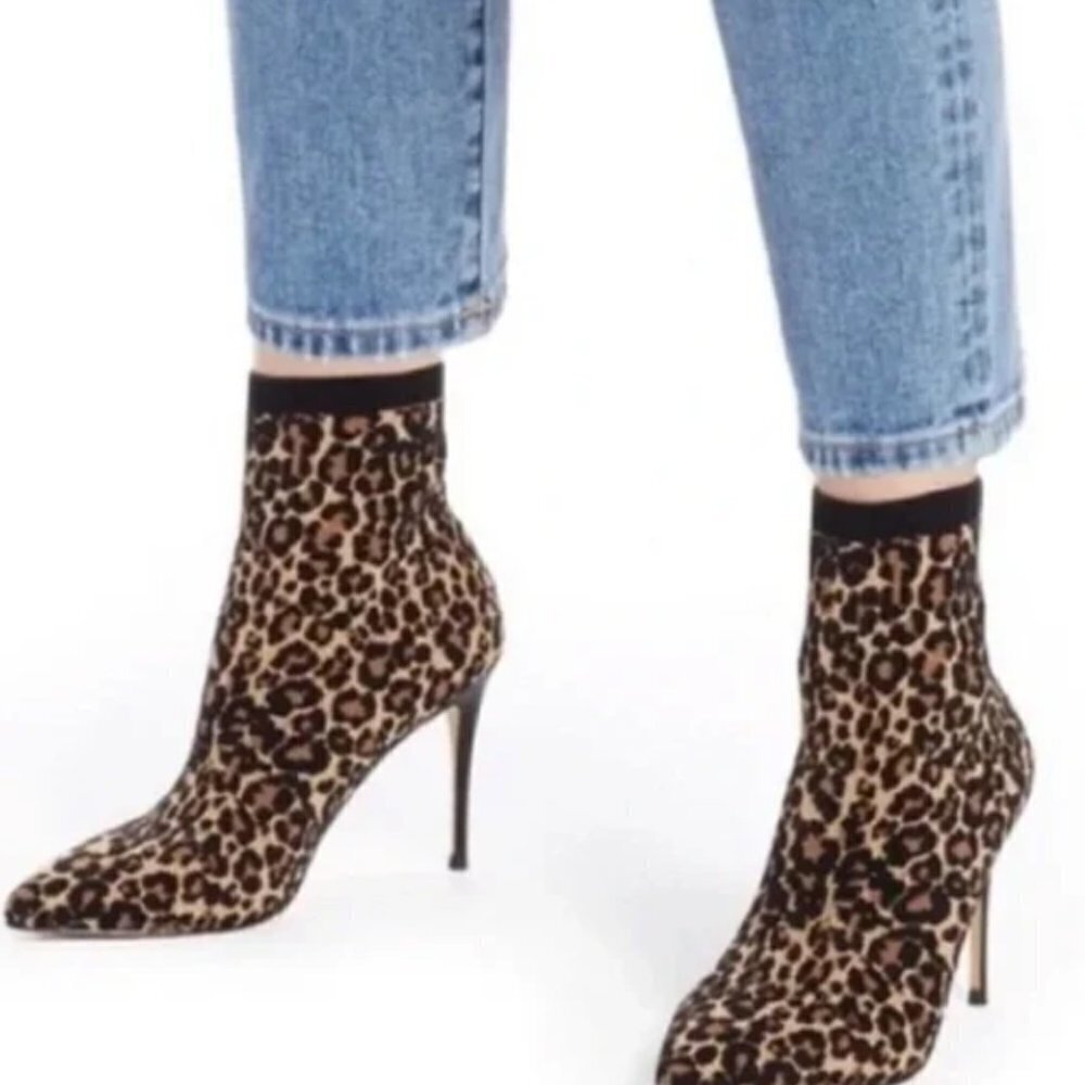 Something Navy Leopard Print Knit Heels Sock Boots 5